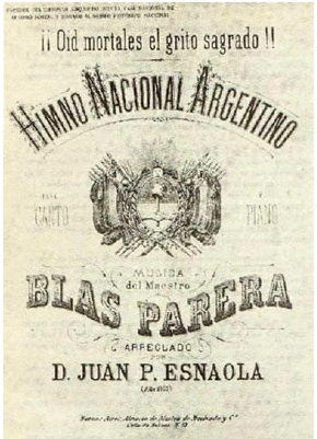 Partitura del Himno Nacional Argentino, copia del original publicado previamente en La Lira Argentina, en 1824.